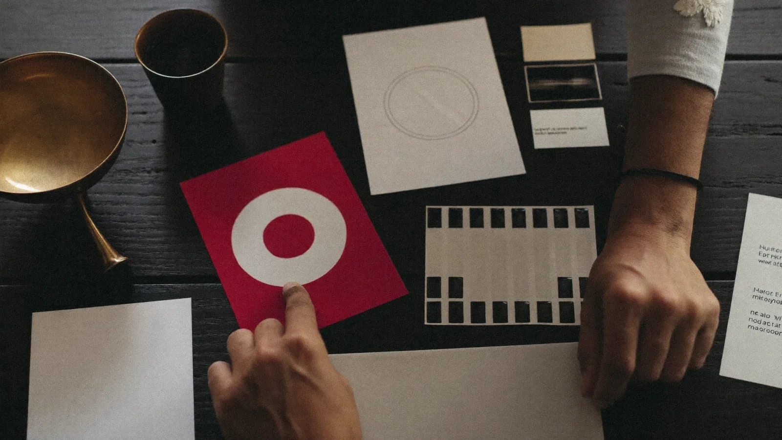 Brand identity work laid out on a table