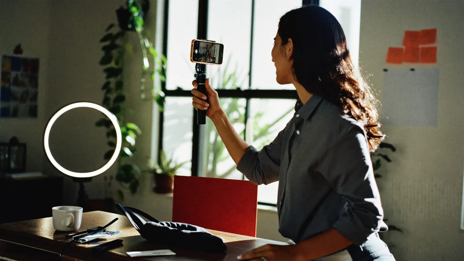 Creator filming social content with a ring light
